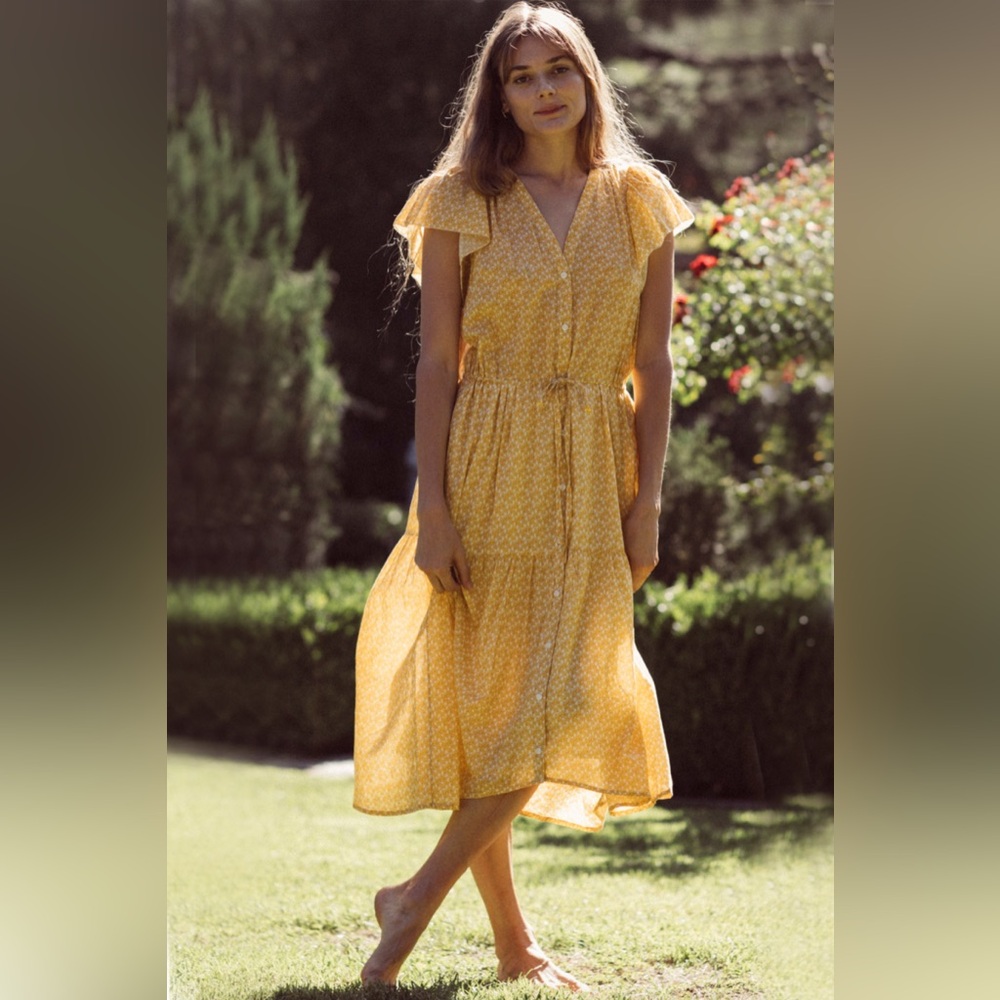 Trovata Birds of Paradise Kristi Yellow Ditsy Floral Drawstring Waist Midi Dress